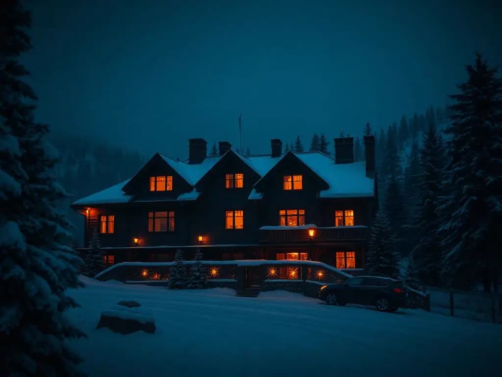 Górski hotel zimą o zmierzchu