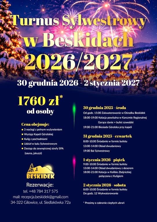 Pobyt Sylwestrowy | Ośrodek Wypoczynkowy Beskidek | Bal Sylwestrowy | 3 noclegi